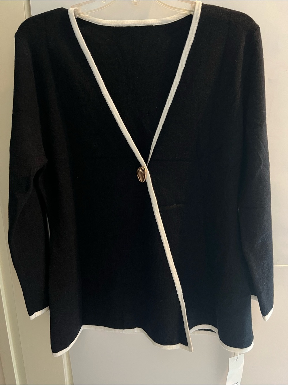 Black Knit Cardigan with White Trim and Gold Accent Button NWT Size Medium
